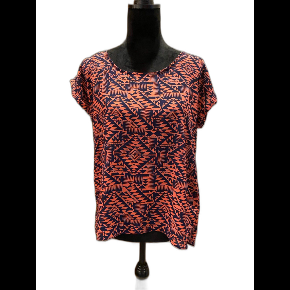 Pink Rose Top Womens Blouse Size Large  Short Sleeve‎ Zipper Back Orange Navy